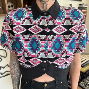 Vintage 80s Cropped Southwestern S/S Button Down by Roughrider USA ~ Size Large
